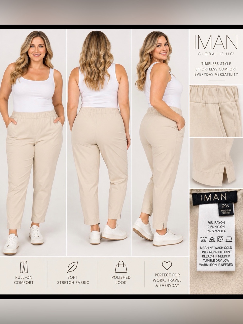 IMAN Global Chic Pull-On Slim Ankle Pants Light Beige 2X
